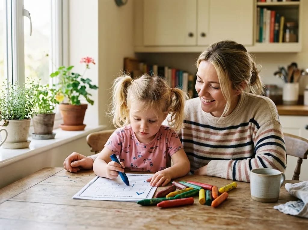 A parent and child tracing letters together