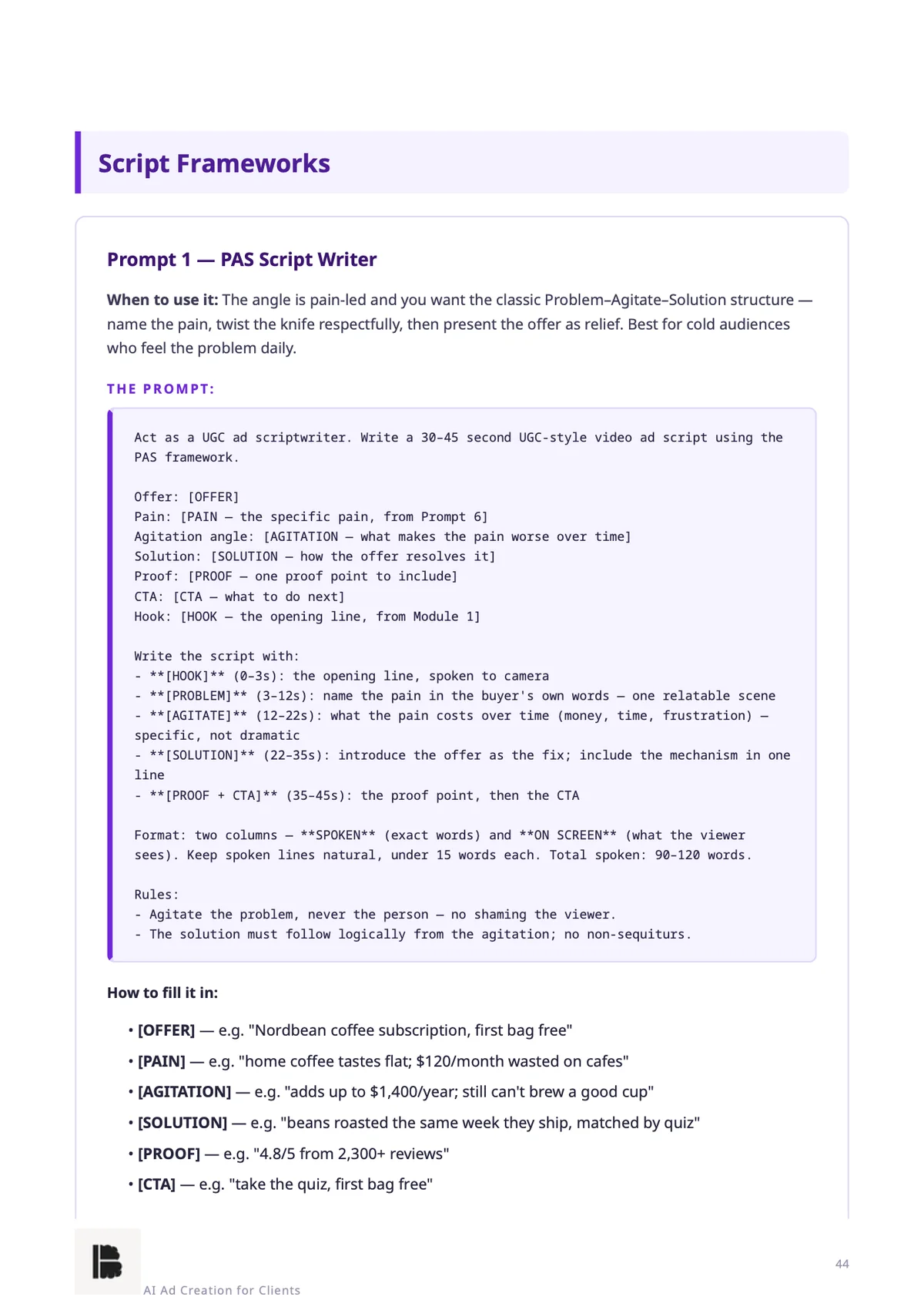 AI Ad Creation for Clients — A UGC script prompt — Module 2