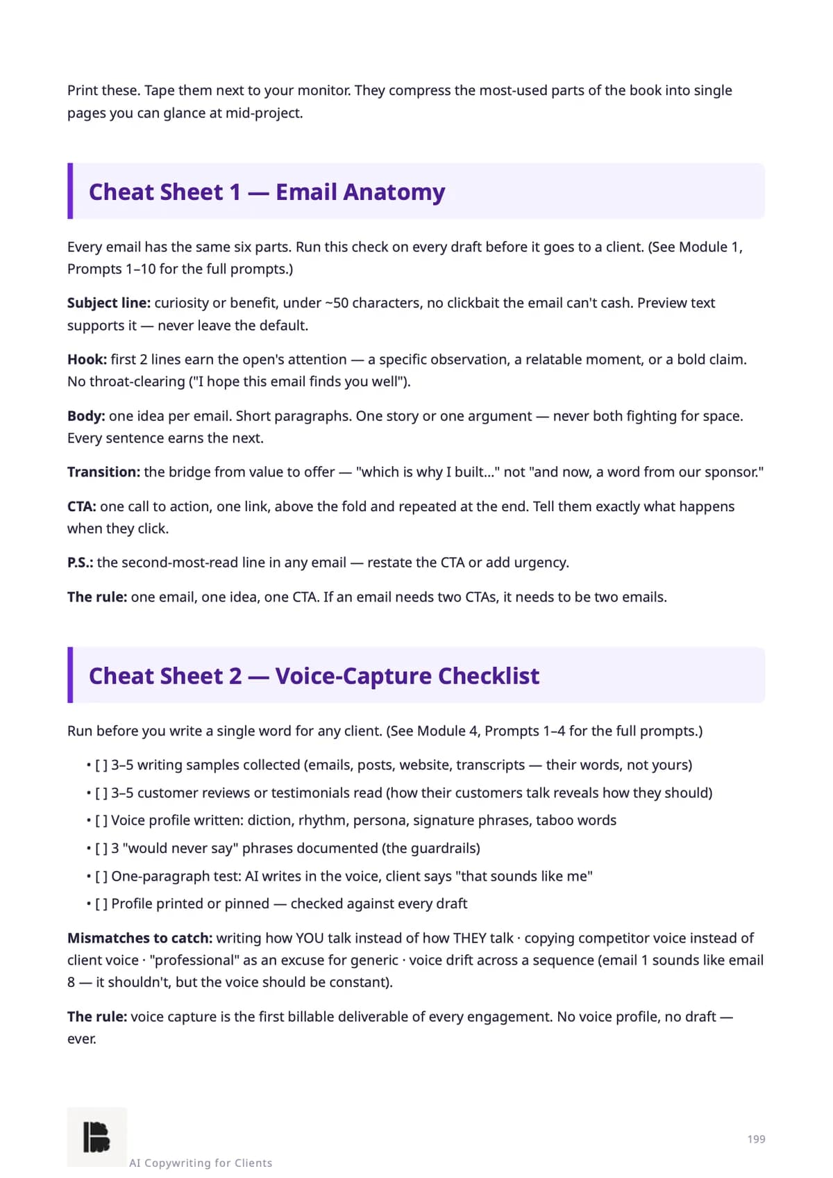 Cheat Sheets 1–2 — email anatomy & voice capture