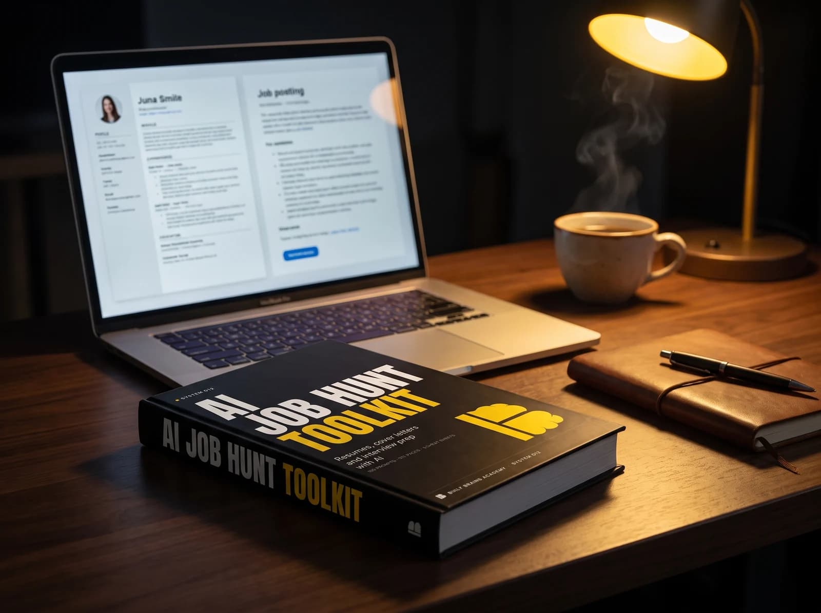 The AI Job Hunt Toolkit book on a desk beside a laptop showing a resume
