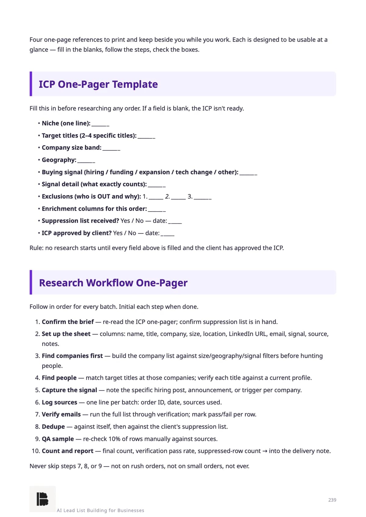 Cheat Sheets 1–2 — ICP & research workflow