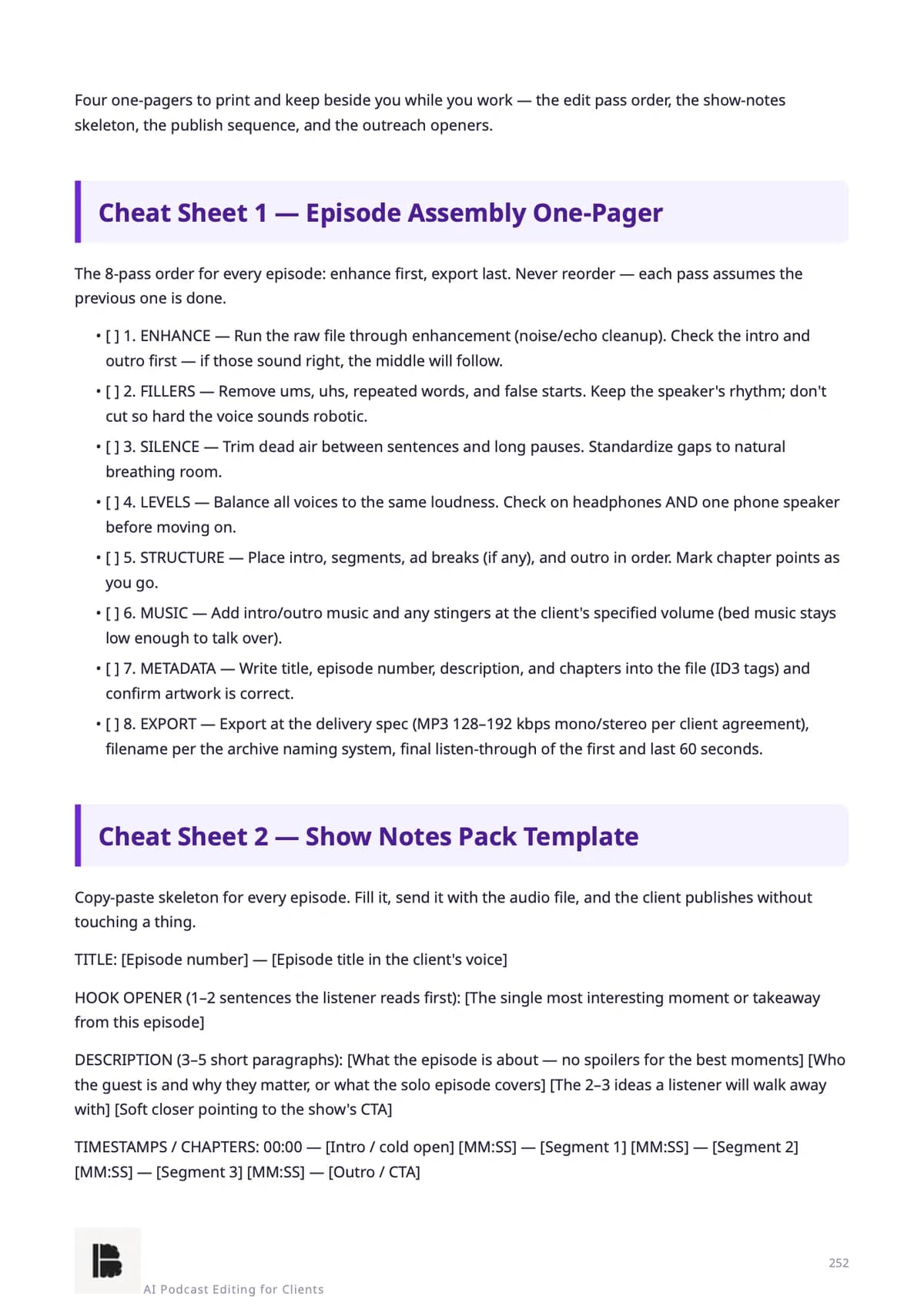 Cheat Sheets 1–2 — episode assembly & show notes