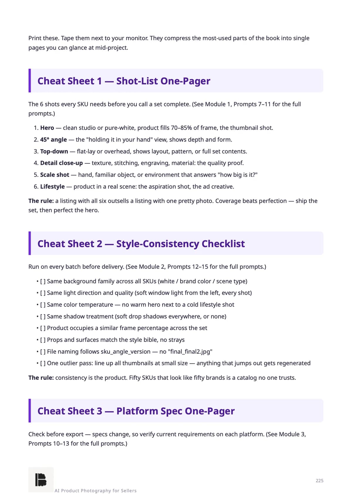 Cheat Sheets 1–3 — shot list, style & platform specs