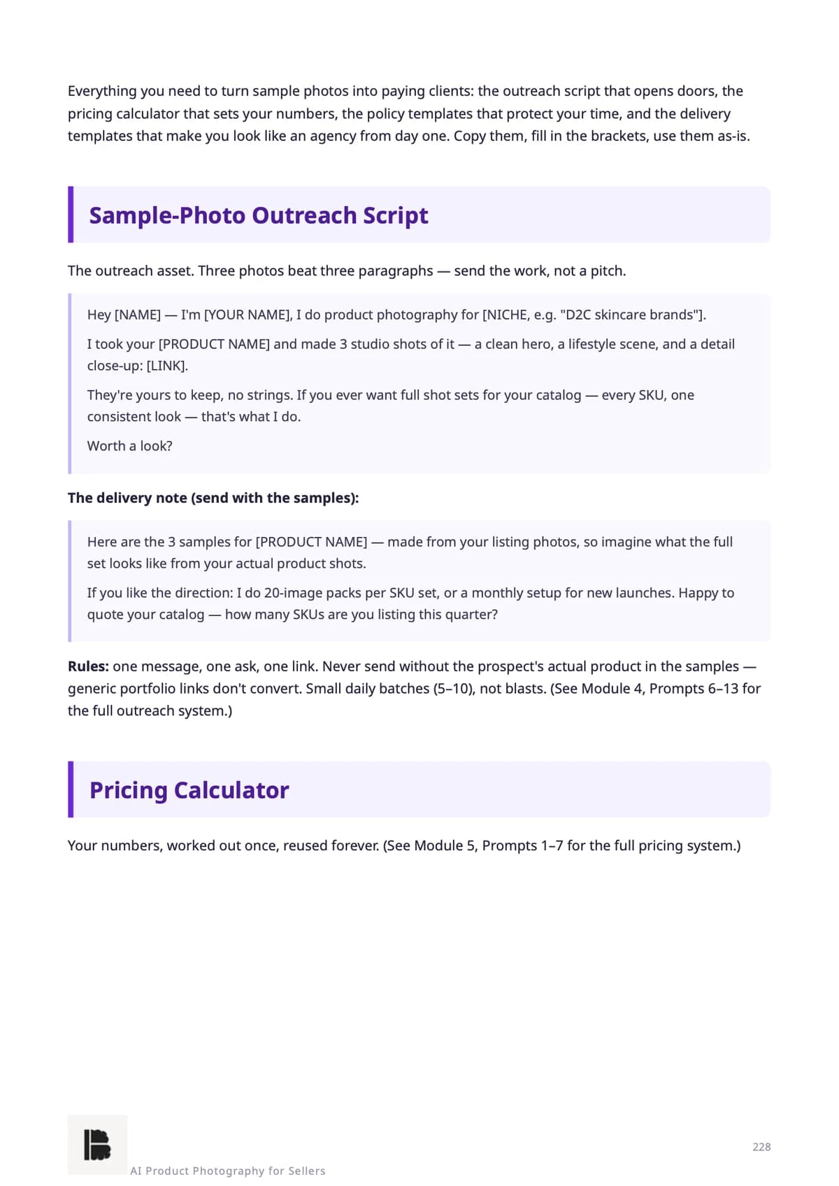 Sample-photo outreach script & pricing calculator