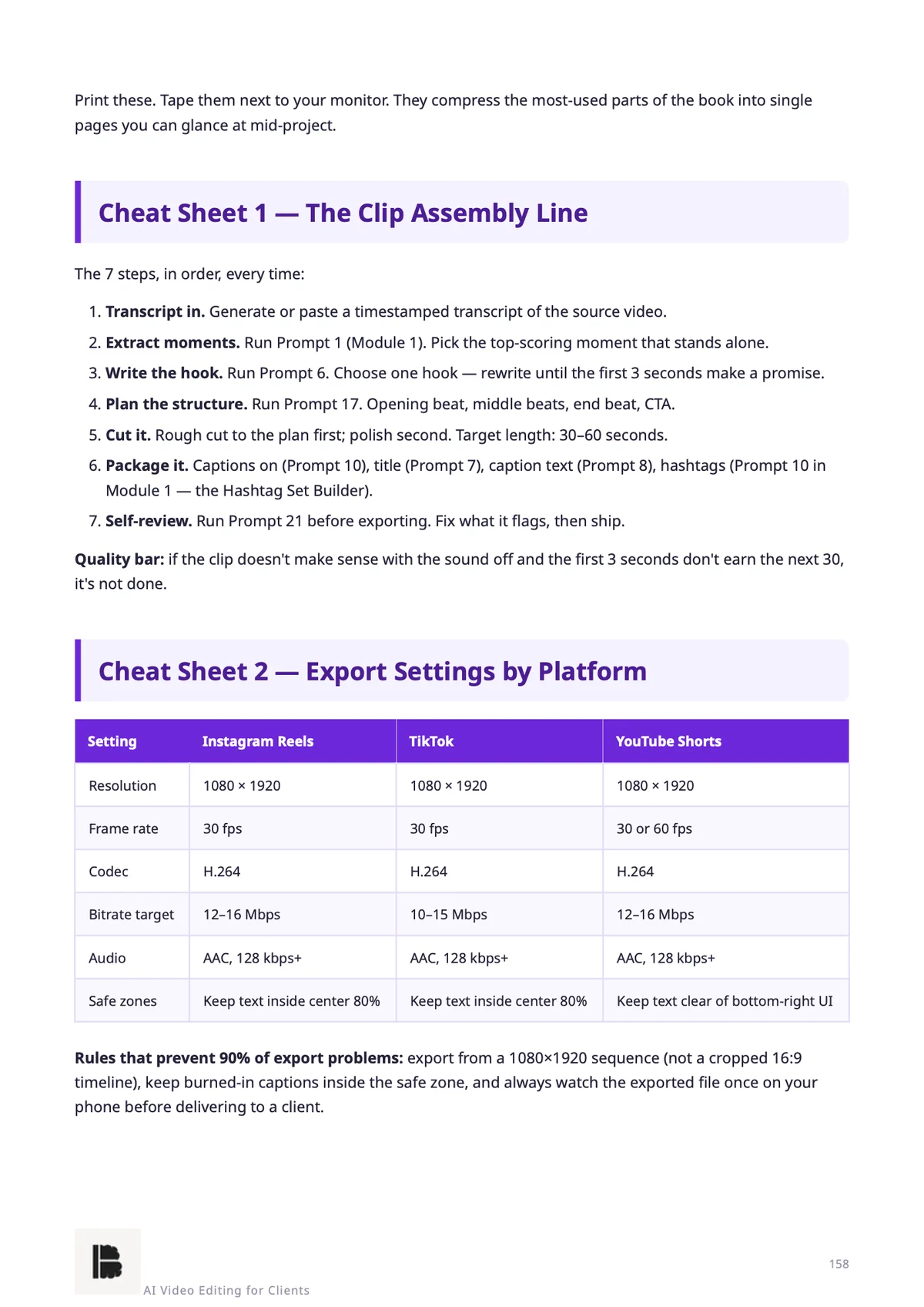 AI Video Editing for Clients — Cheat Sheets 1–2 — clip assembly line & export settings