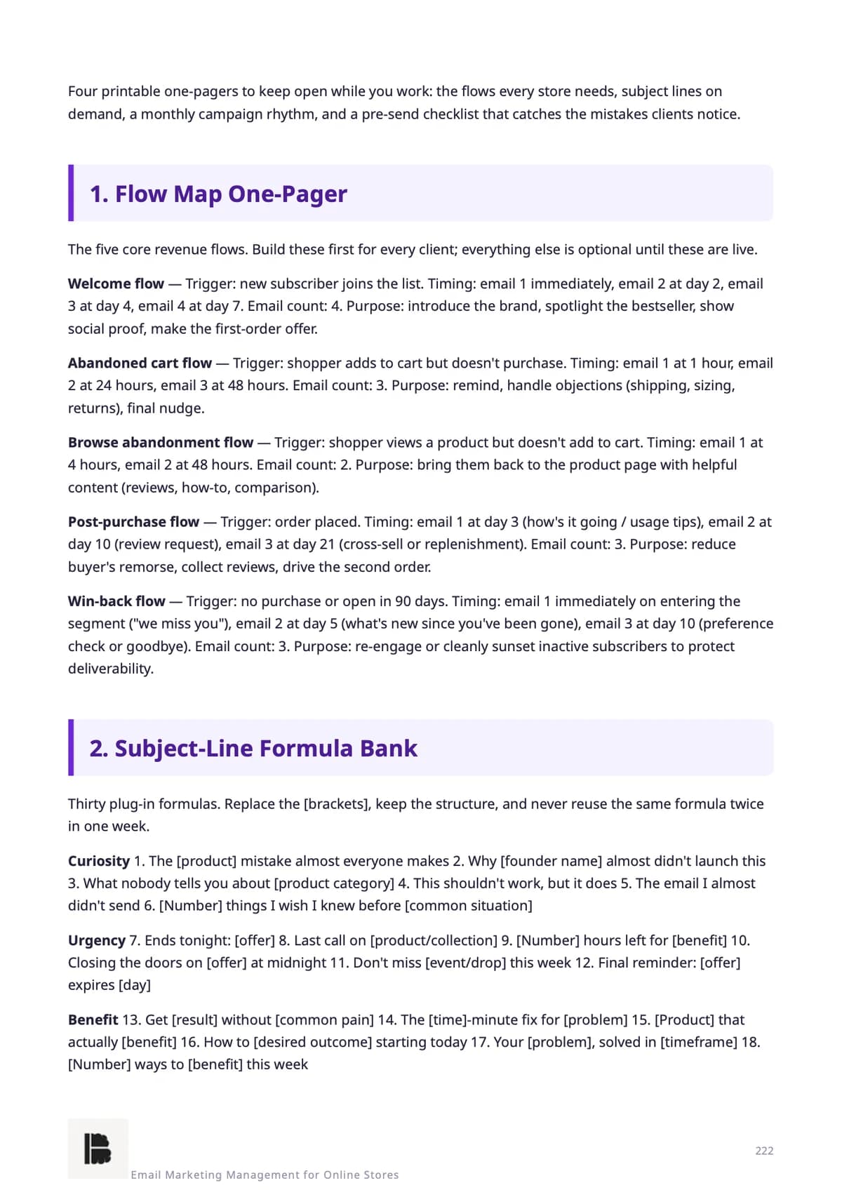 Cheat Sheets 1–2 — flow map & subject lines