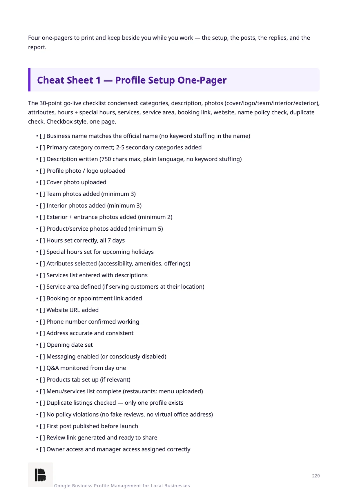 Cheat Sheet 1 — the profile setup one-pager