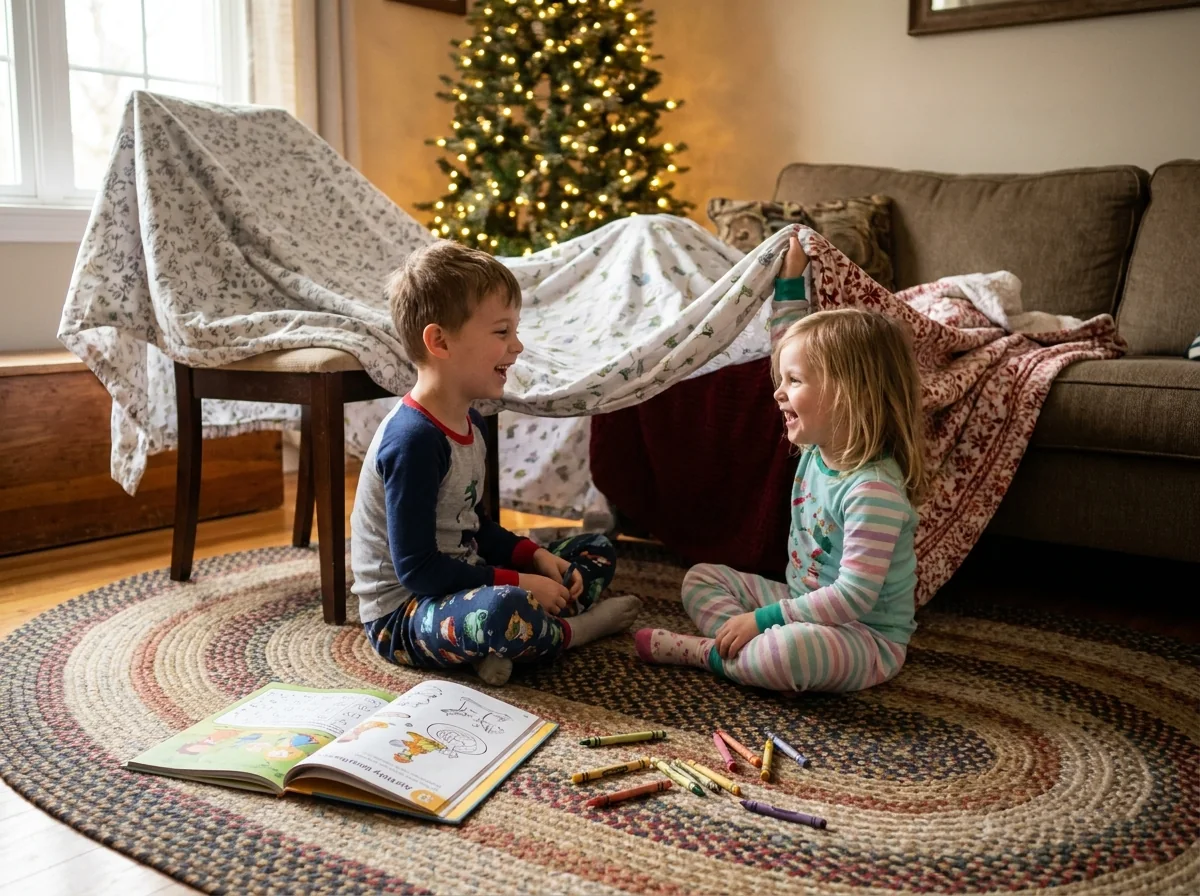 Two children in pyjamas building a blanket fort by the Christmas tree with an activity book