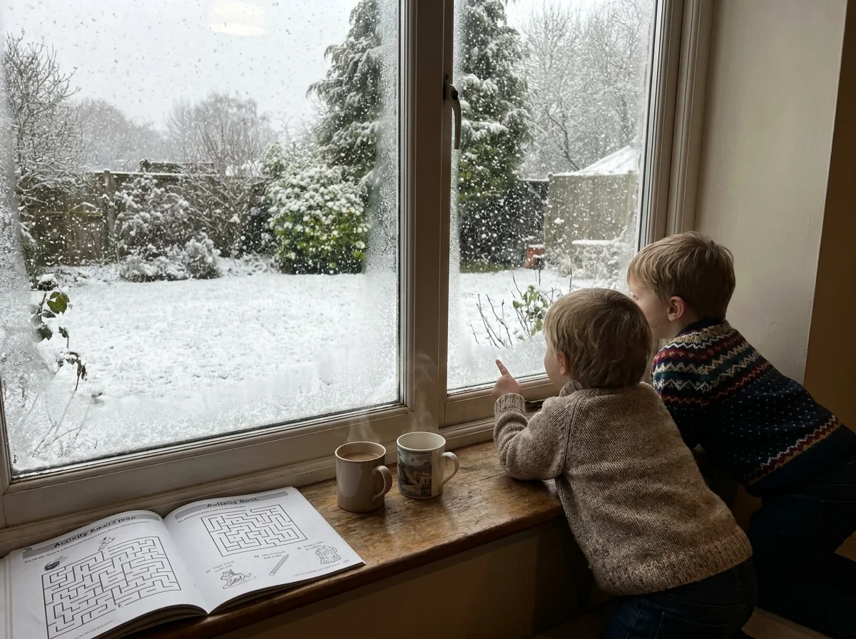 Children watching snow fall from a window with cocoa and a maze activity book
