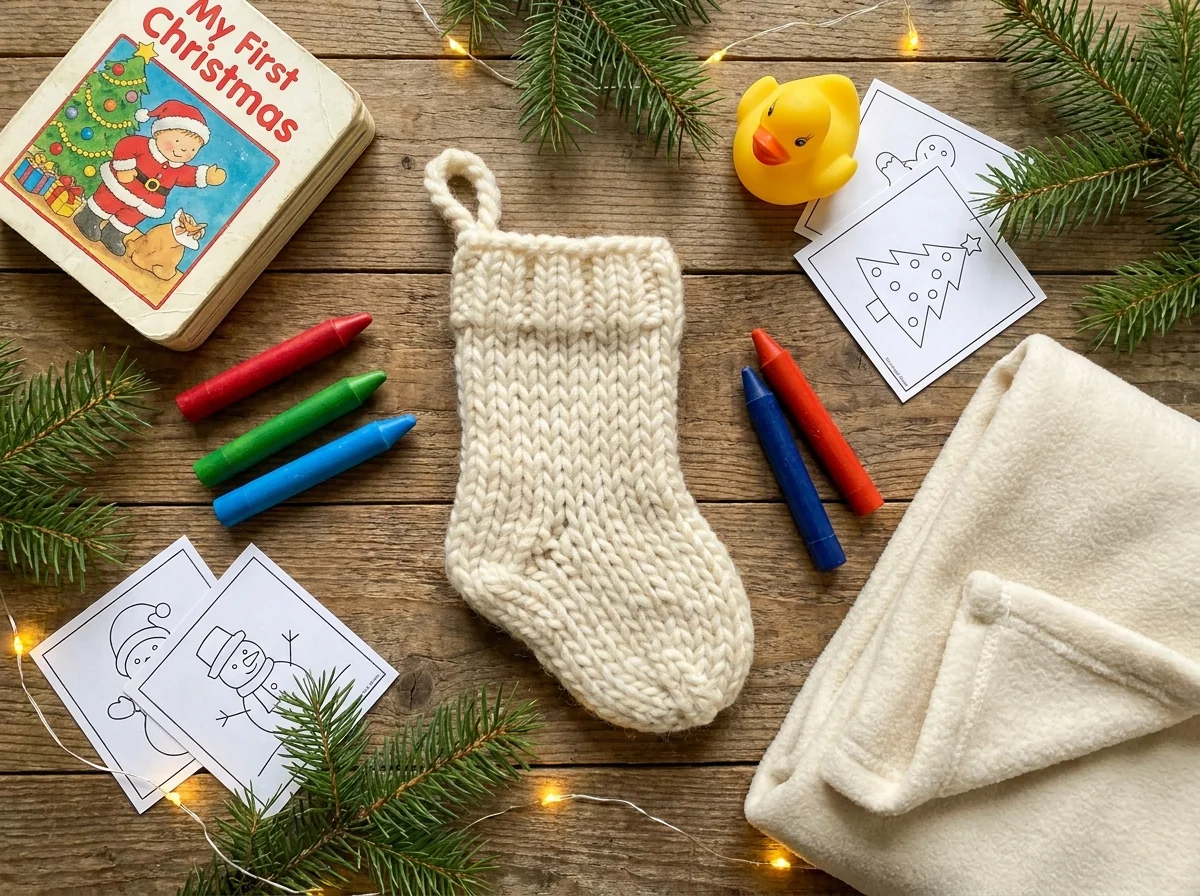 Toddler stocking with chunky crayons, a board book, a bath toy and printed coloring pages