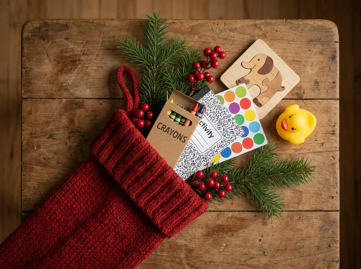 Christmas stocking filled with crayons, stickers, a small puzzle and a printed activity booklet