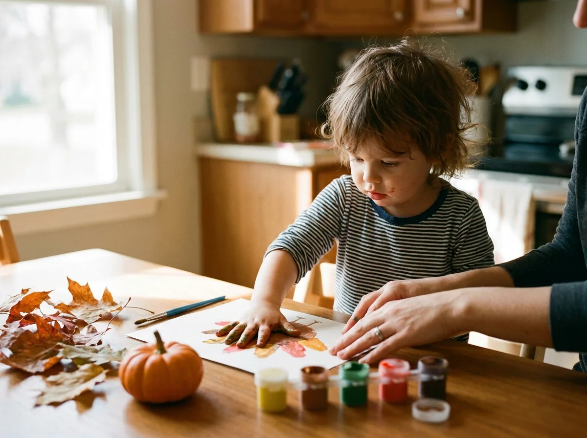 Toddler pressing a painted handprint onto paper to make a Thanksgiving turkey craft