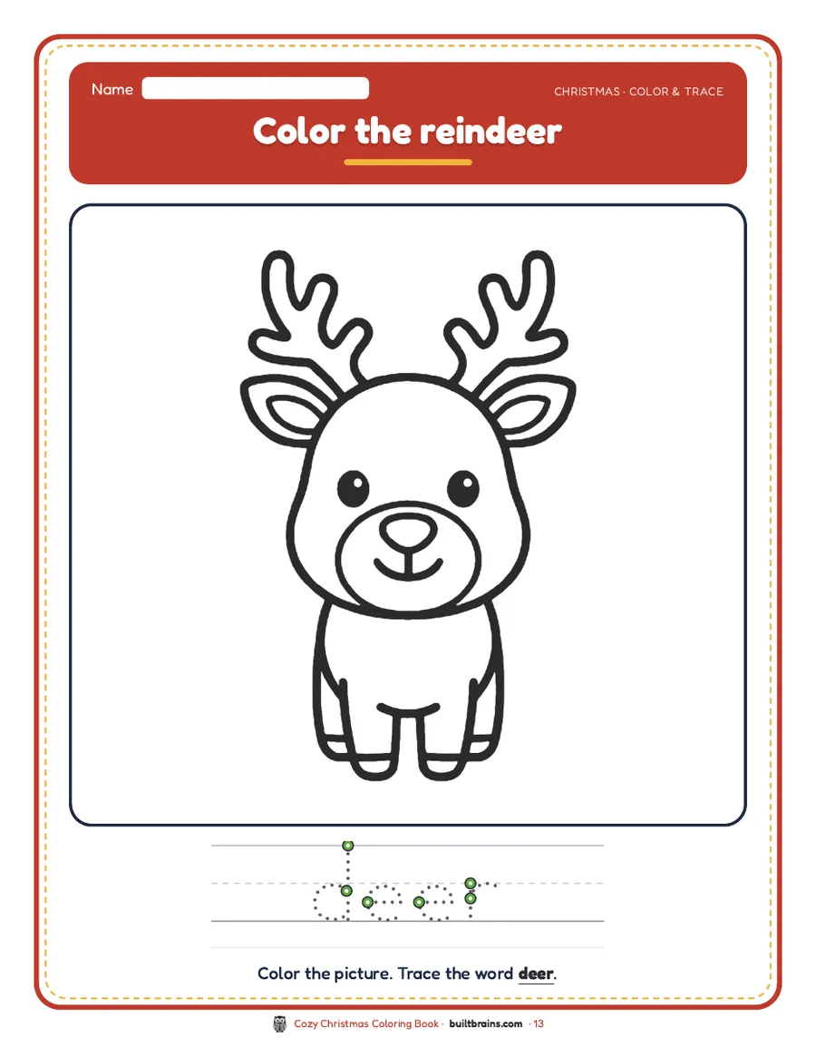 Color the reindeer and trace the word deer