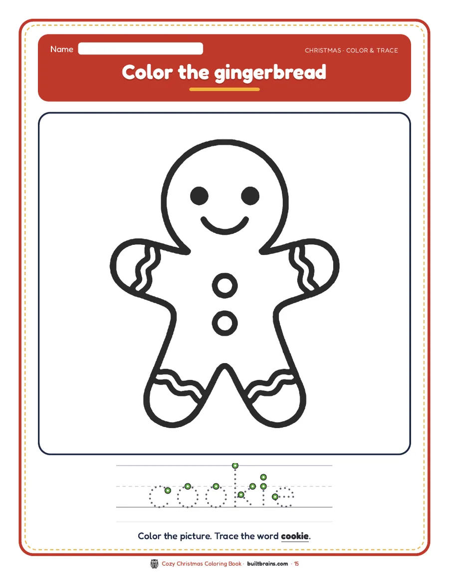 Color the gingerbread and trace the word cookie