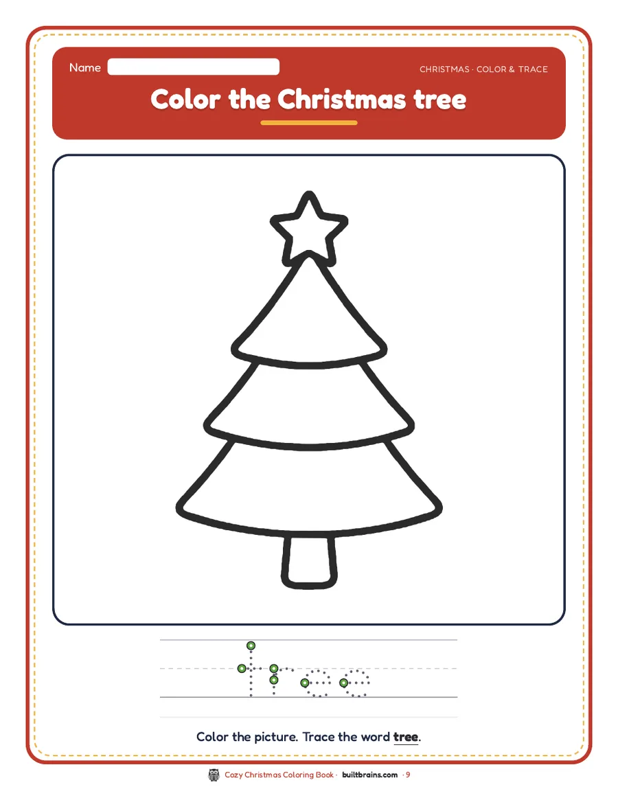 Color the Christmas tree and trace the word tree