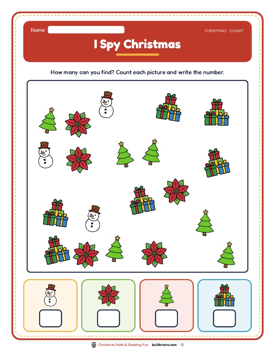 I Spy Christmas: find and count snowmen, poinsettias, trees and presents