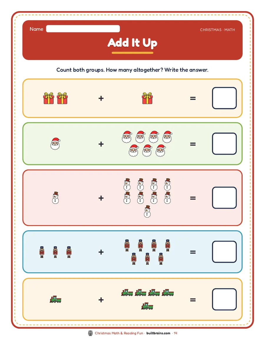 Add It Up: count both groups of pictures and write how many altogether
