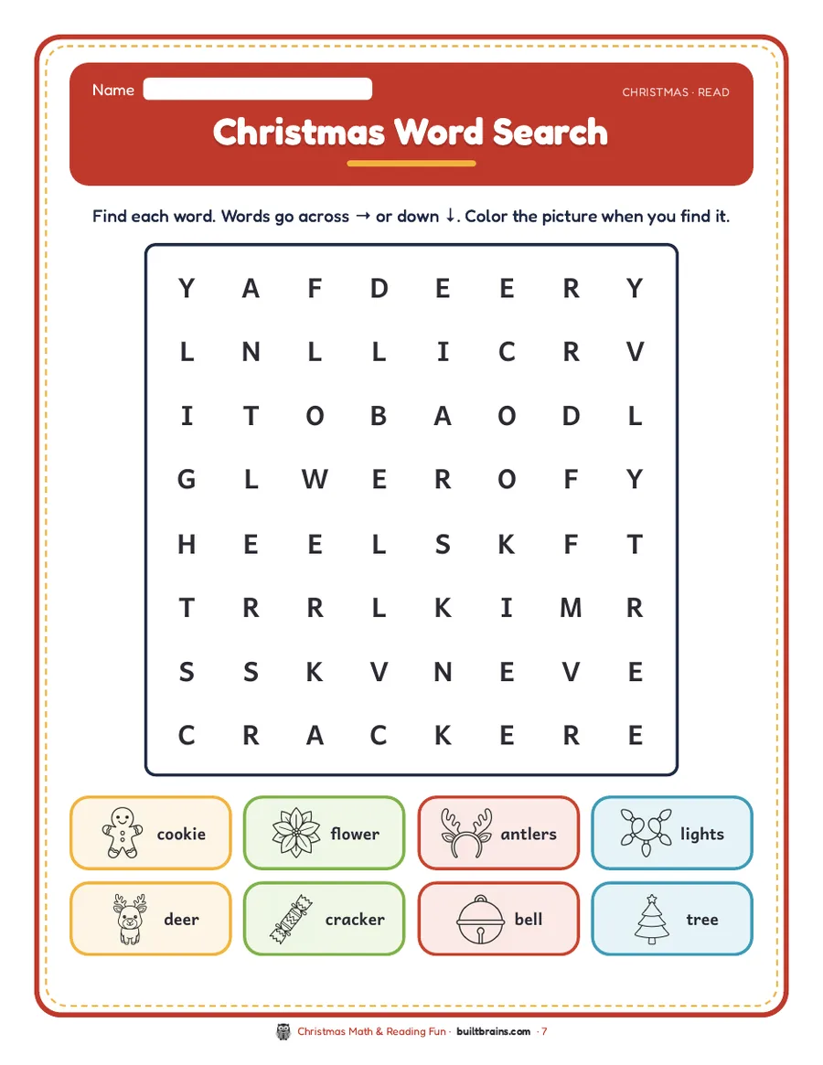 Christmas Word Search: find 8 words going across or down, then color each picture