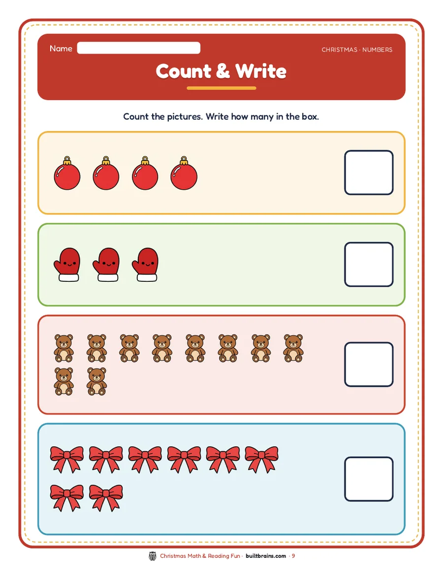Count & Write: count ornaments, mittens, teddy bears and bows and write how many
