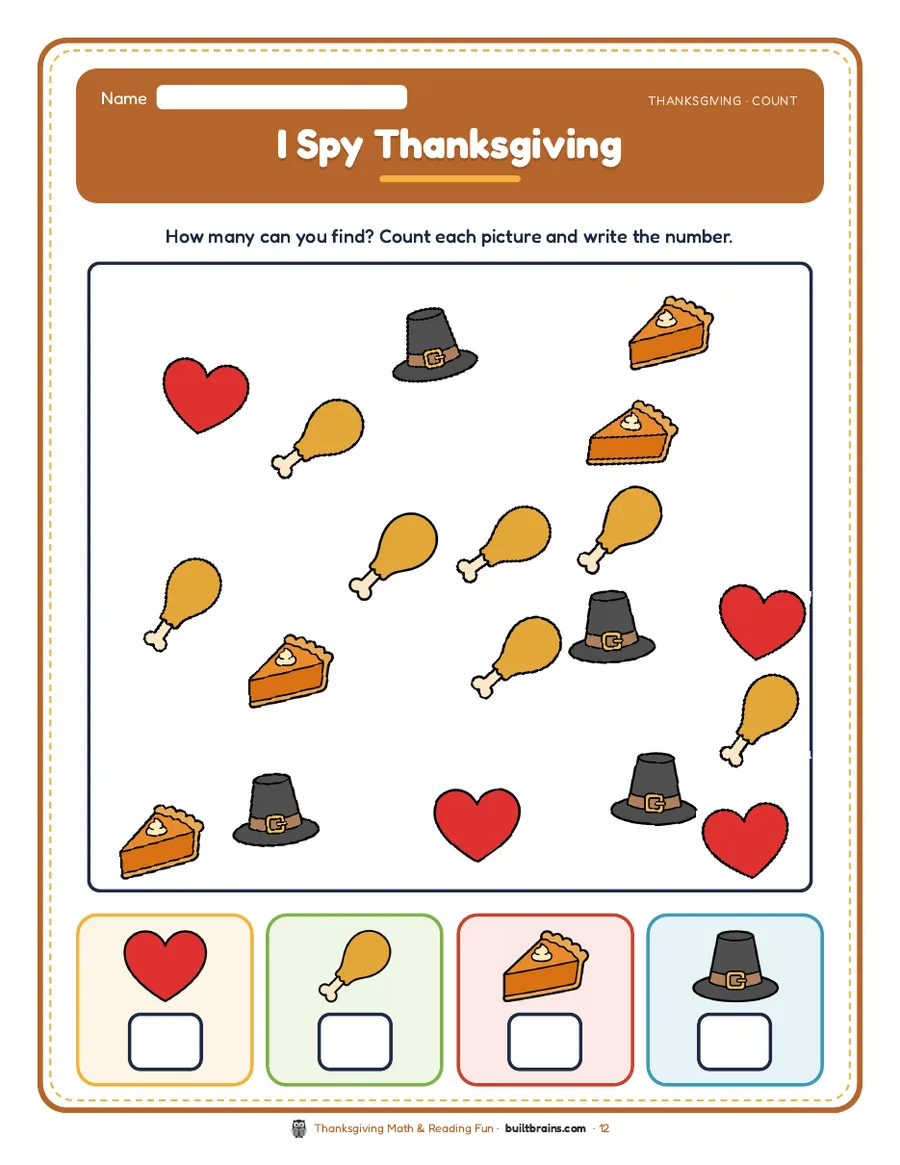 I Spy Thanksgiving: find and count hearts, drumsticks, pies and pilgrim hats