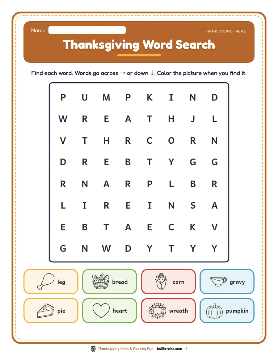 Thanksgiving Word Search: find 8 words going across or down, then color each picture