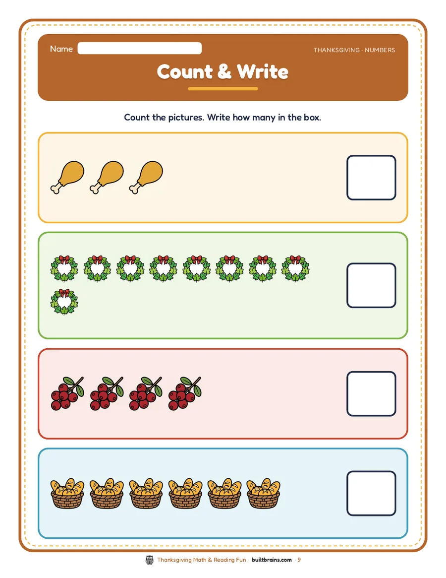Count & Write: count drumsticks, wreaths, cranberries and baskets and write how many