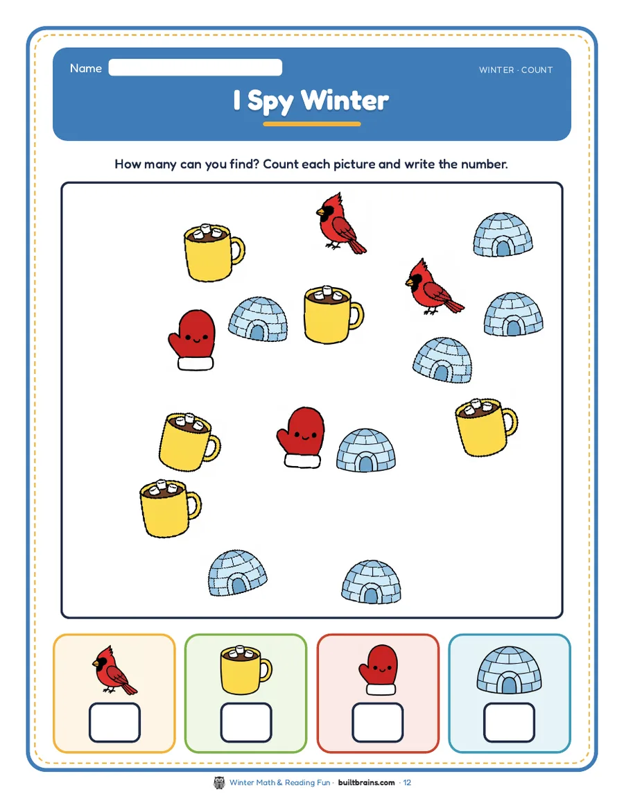 I Spy Winter: find and count cardinals, cocoa mugs, mittens and igloos