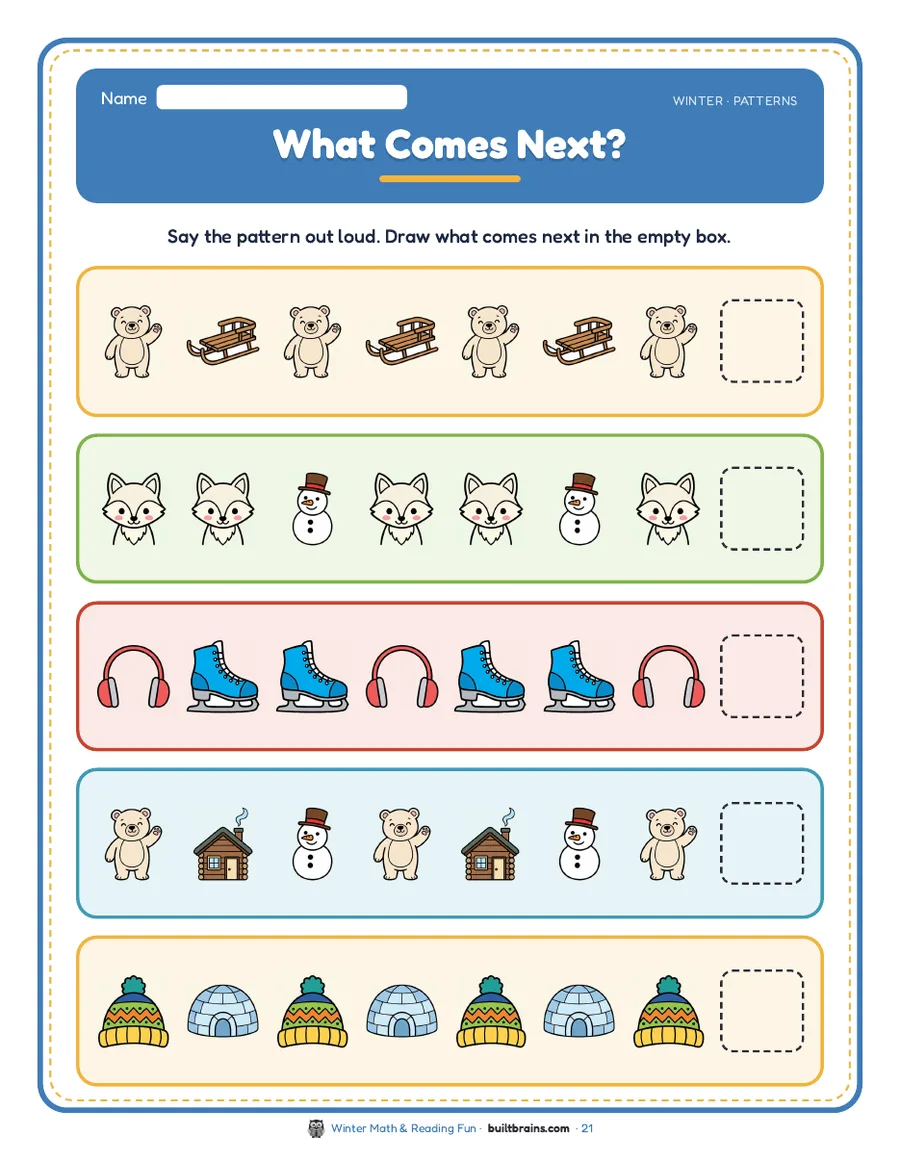 What Comes Next?: say 5 picture patterns out loud and draw the missing piece