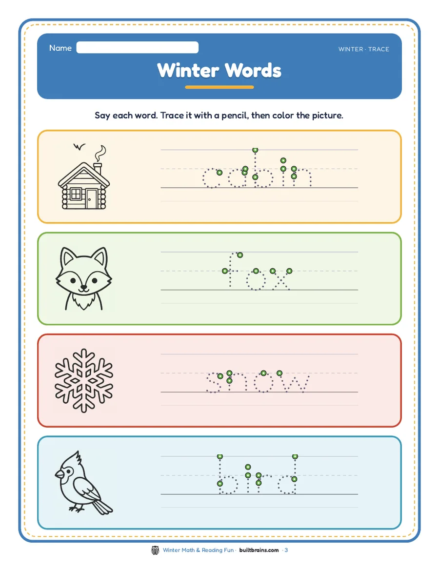 Winter Words: say, trace and color cabin, fox, snow and bird