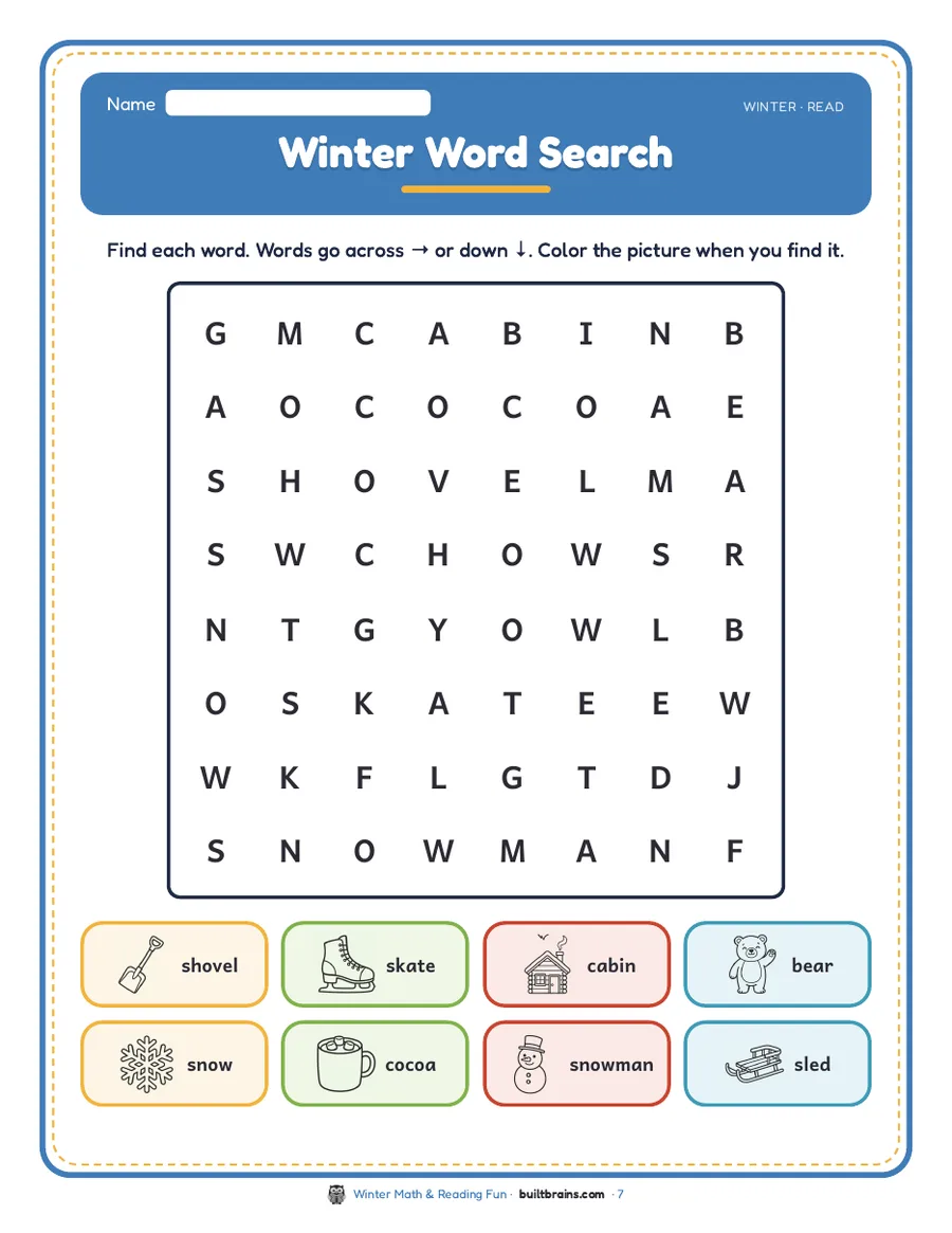 Winter Word Search: find 8 words going across or down, then color each picture