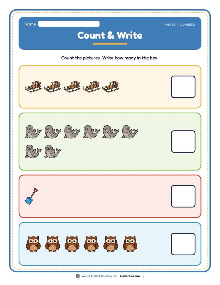 Count & Write: count sleds, seals, shovels and owls and write how many