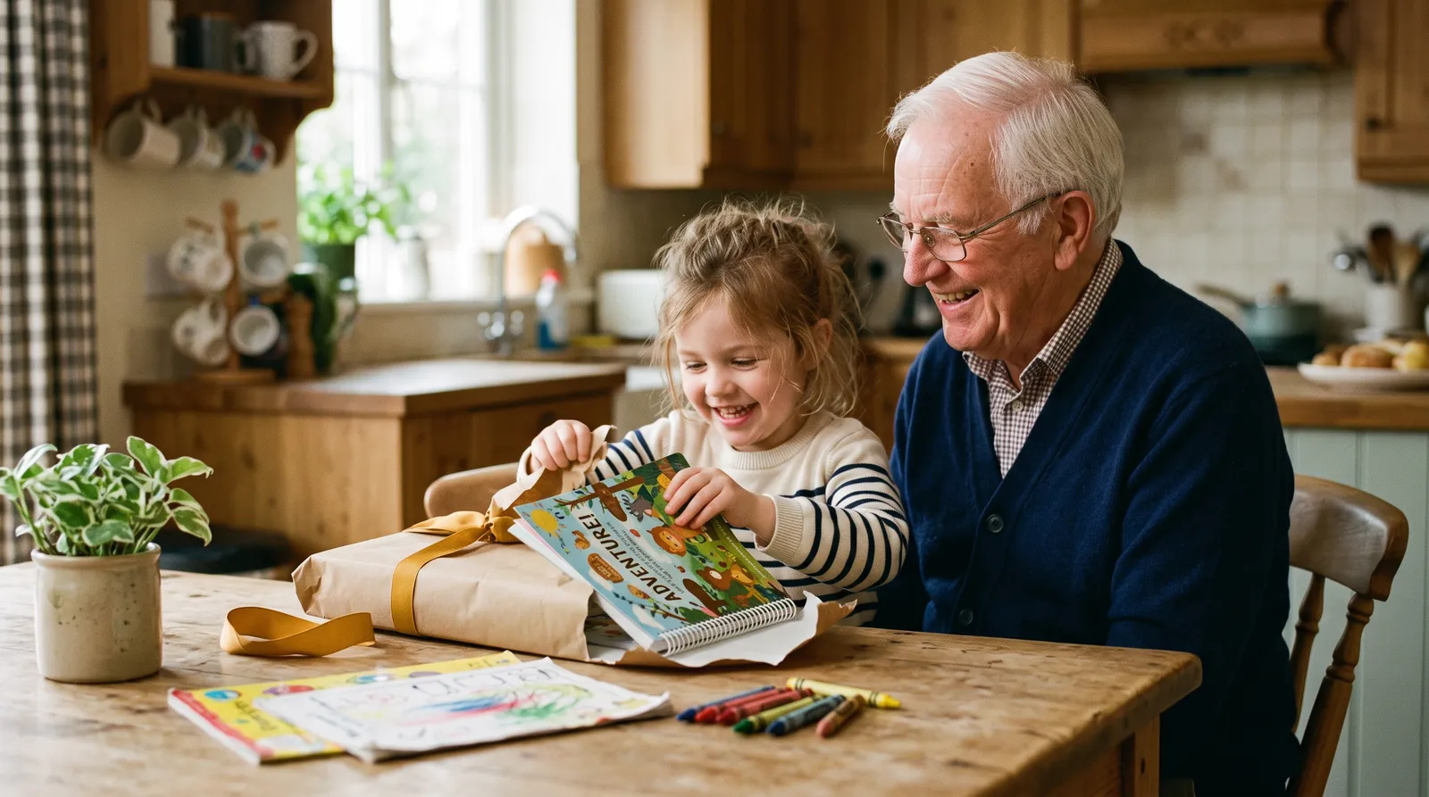 A grandfather watching his granddaughter unwrap a printed activity book